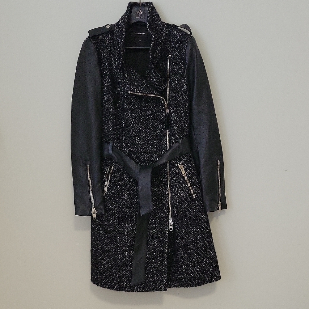 Mackage Stylish Black Tweed and Leather Women's Coat